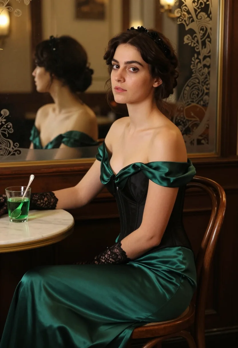 AI absinthe bar sample — portrait of a woman, side-on seated portrait of a Parisian woman at the bar