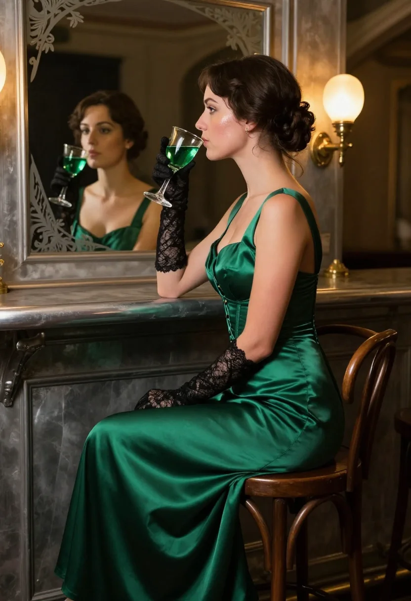 AI absinthe bar sample — portrait of a woman, side-on seated portrait of a Parisian woman by the green glass