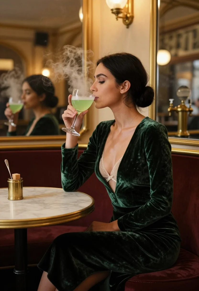 AI absinthe hour cafe sample — portrait of a woman, a Parisian woman of thirty-four, with the absinthe glass
