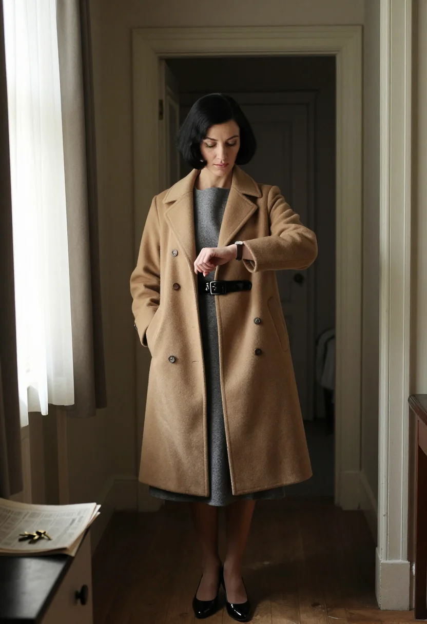 AI afternoon flat sample — portrait of a woman, full-length three-quarter photograph of