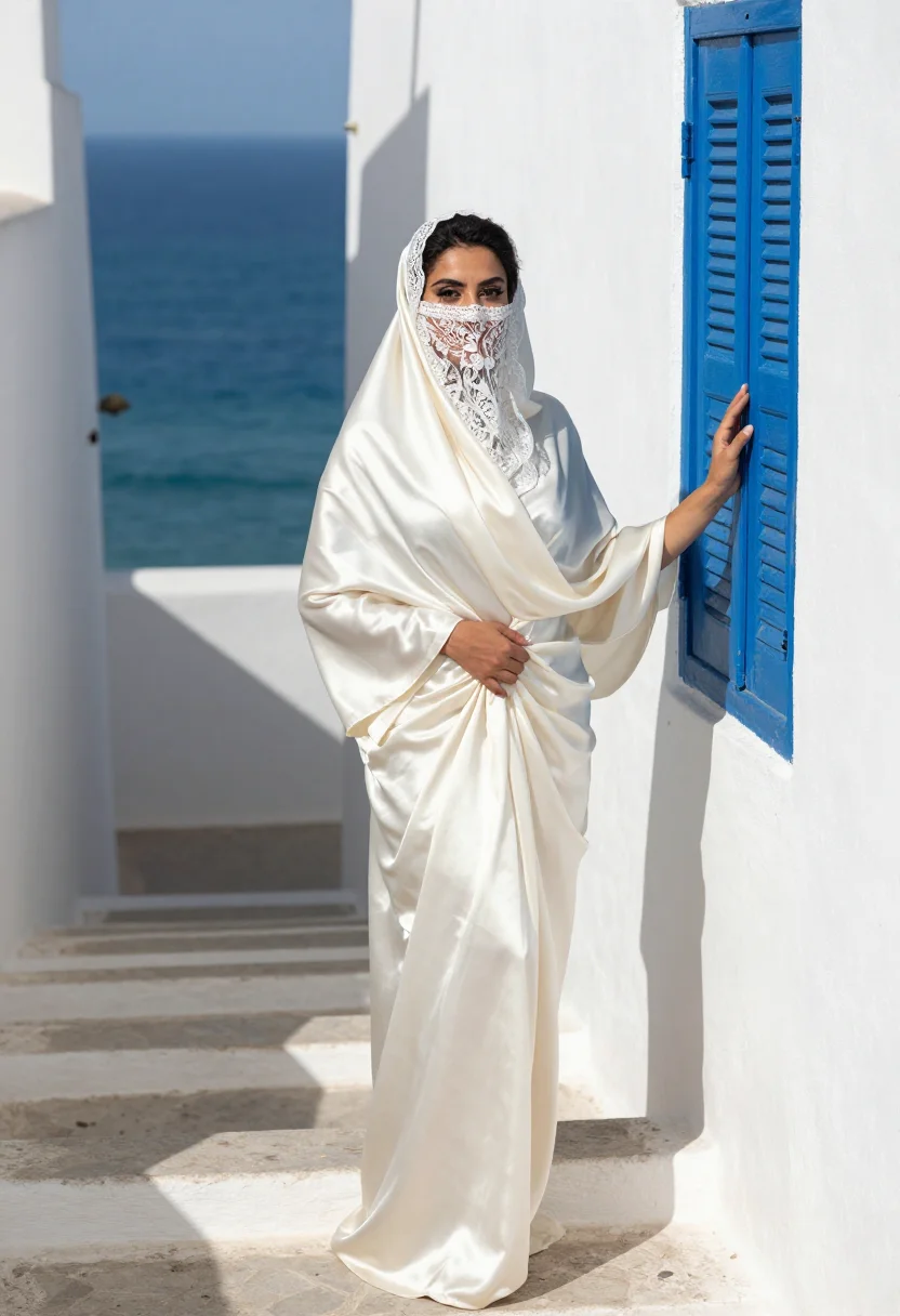 AI algerian haik sample — portrait of an adult woman, full-length portrait with the lace adjar on the Casbah stair