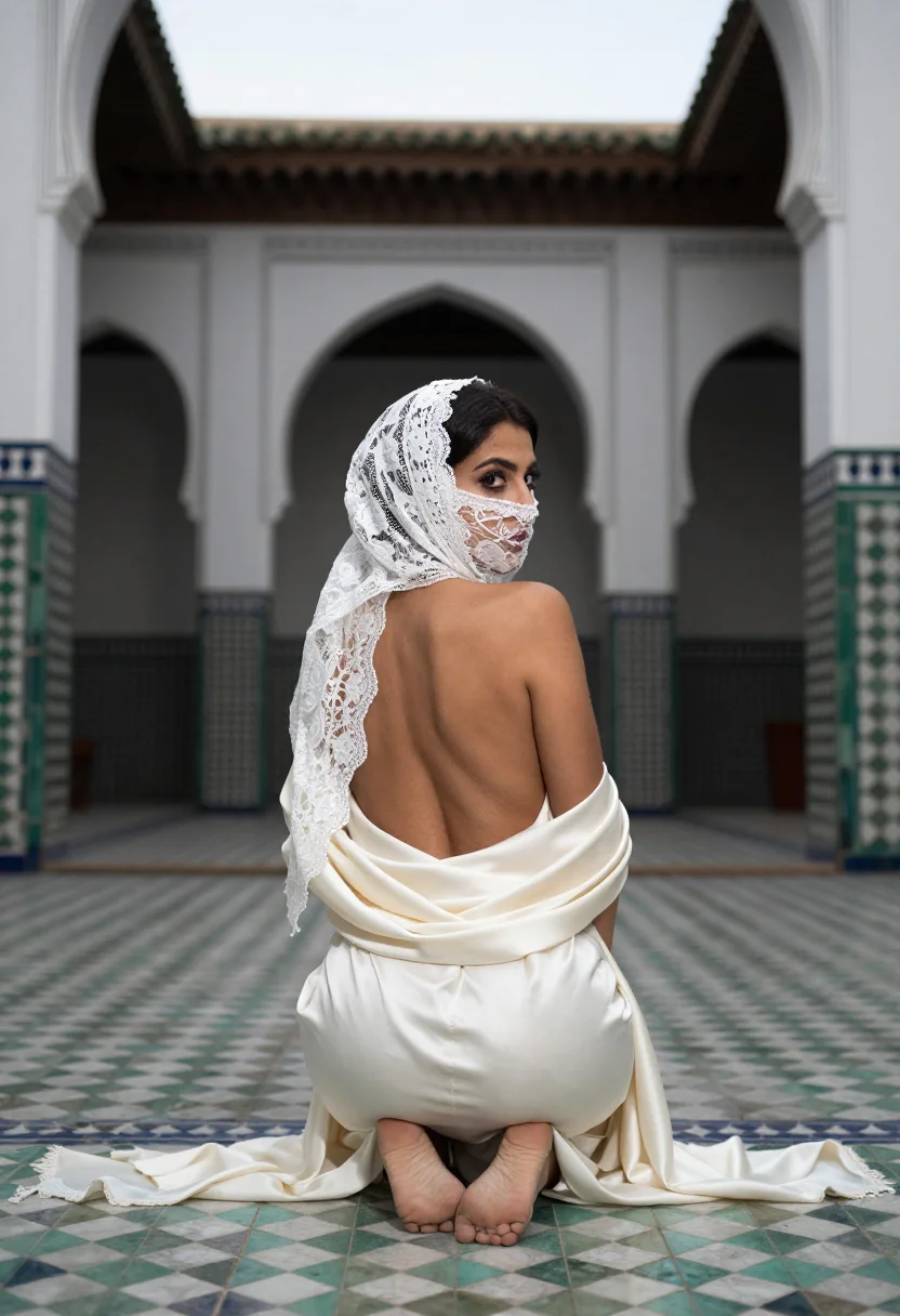 AI algerian haik sample — portrait of an adult woman, full-length rear-view portrait beside the faience wall