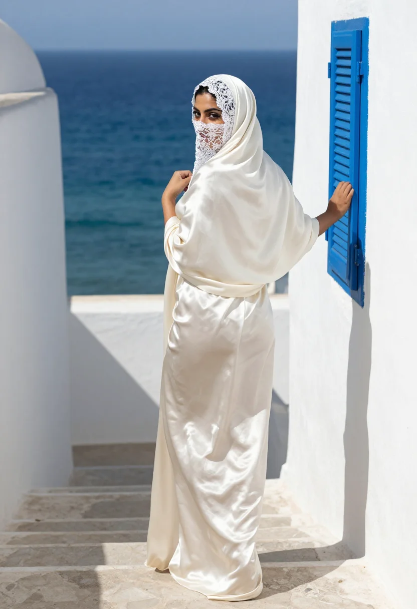 AI algerian haik sample — portrait of an adult woman, full-length rear-view portrait in the whitewashed street