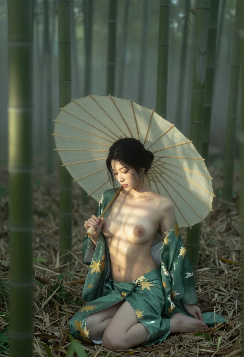 AI arashiyama bamboo sample — portrait of an adult woman, rear view with one hand on a bamboo trunk
