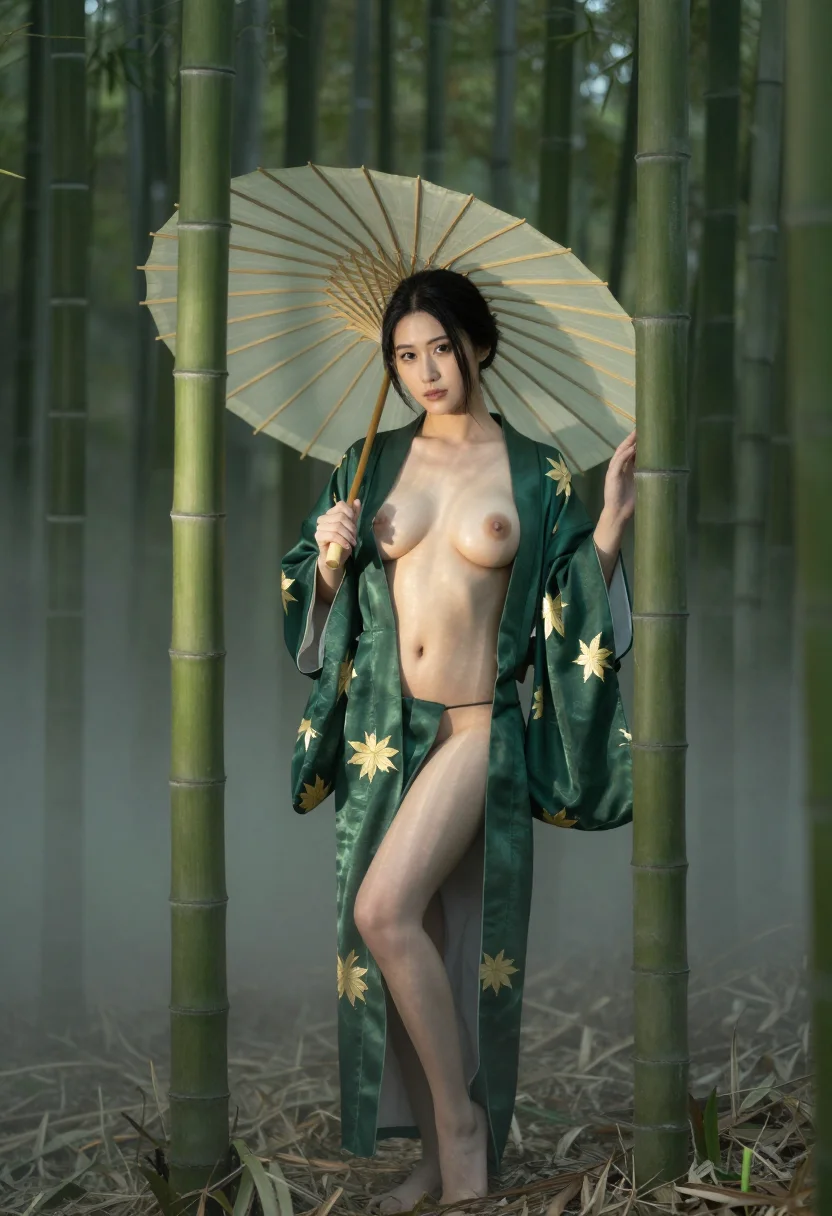 AI arashiyama bamboo sample — portrait of an adult woman, full-length on the path with the cream obi