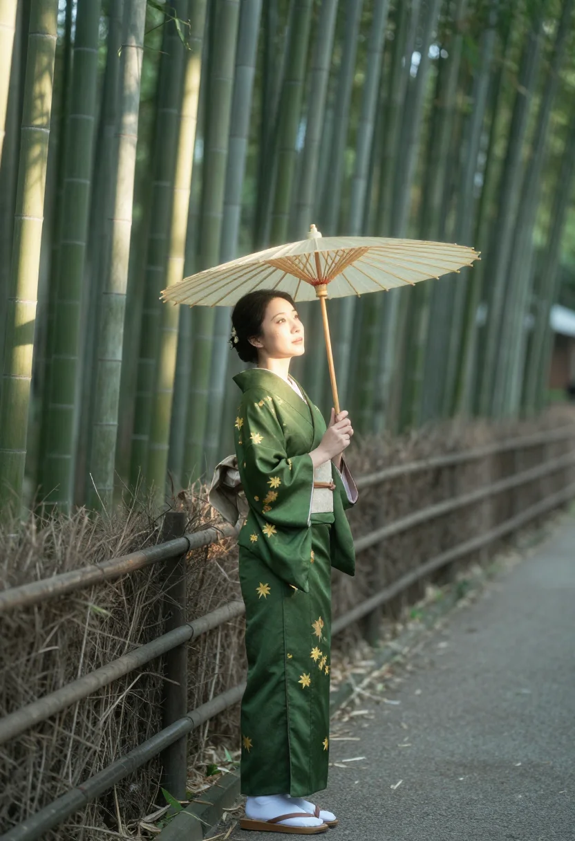 AI arashiyama bamboo sample — portrait of an adult woman, three-quarter view turning back in bars of green light