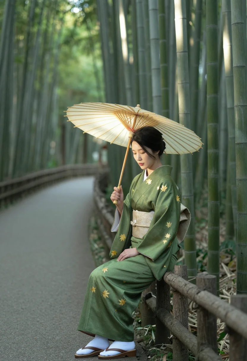 AI arashiyama bamboo sample — portrait of an adult woman, side view among the bamboo stalks in mist