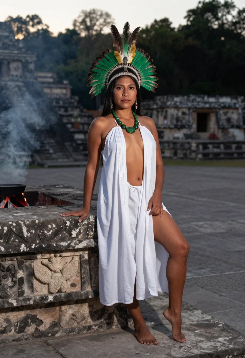 AI aztec priestess sample — portrait of a woman, three-quarter standing portrait of an Indigenous Mexican woman on the pyramid's step in a feathered headdress and jade.