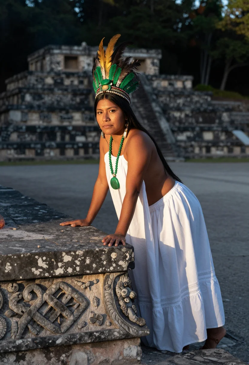 AI aztec priestess sample — portrait of a woman, three-quarter portrait from the side of an Indigenous Mexican woman, the jade bright against the feathers of the headdress.