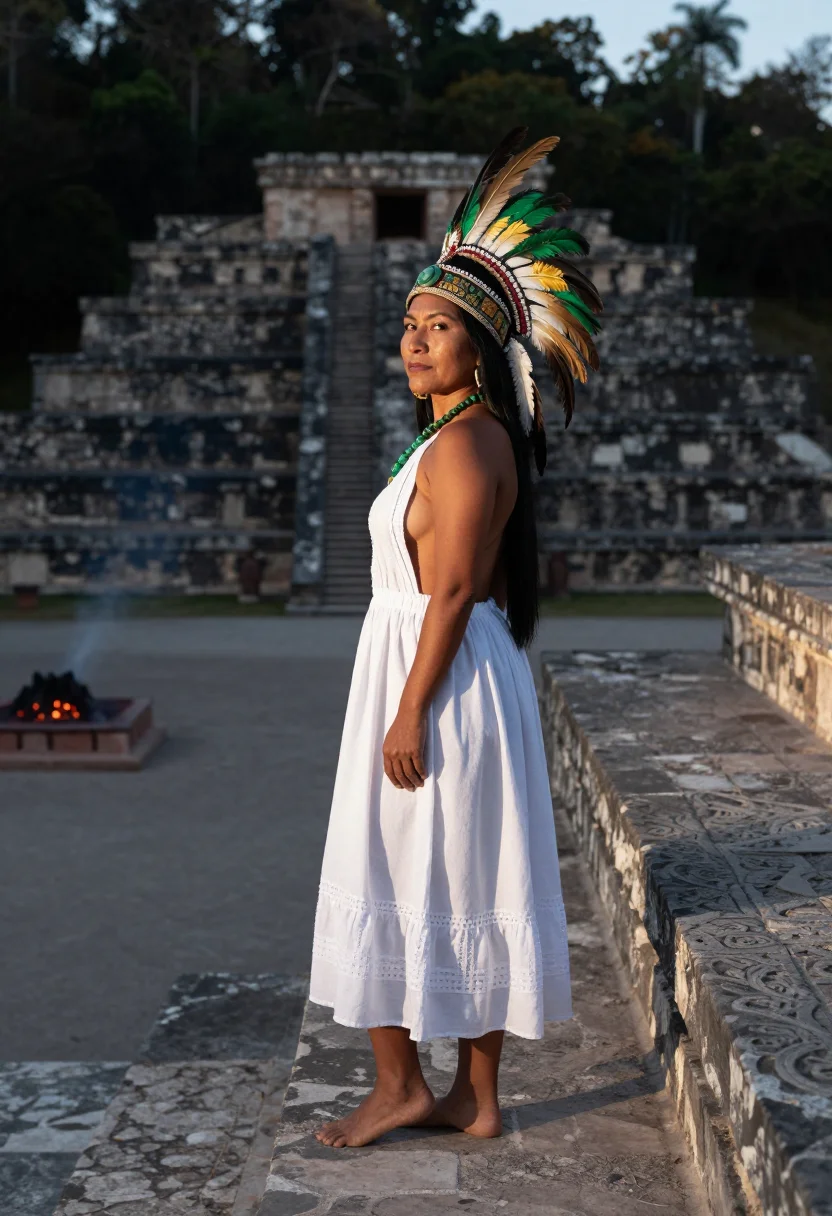 AI aztec priestess sample — portrait of a woman, full-length side-profile portrait of an Indigenous Mexican woman on the step, the white huipil falling to her knees.