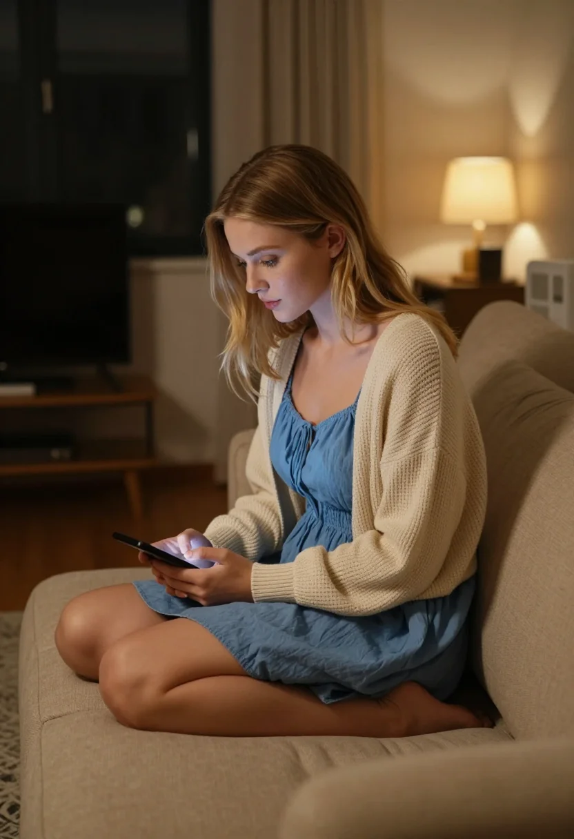 AI late lamp sample — portrait of an adult woman, full-length portrait of a woman in her early twenties on a couch