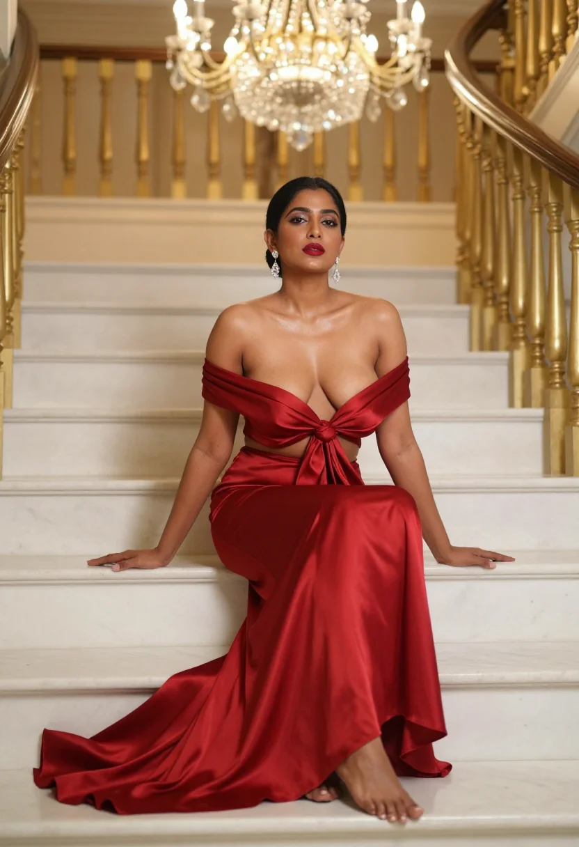 AI backless red gown sample — photograph of a woman, full-length three-quarter view with the train on the steps