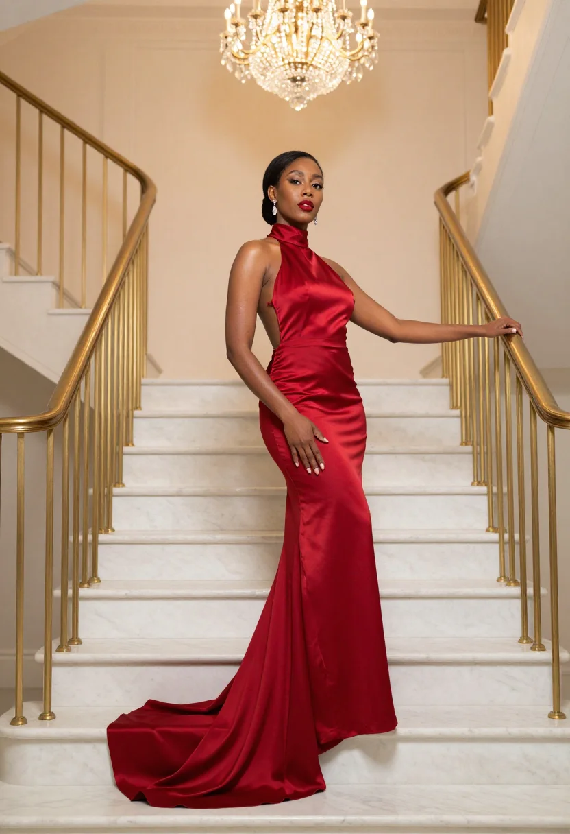 AI backless red gown sample — photograph of a woman, full-length three-quarter view on the marble stair