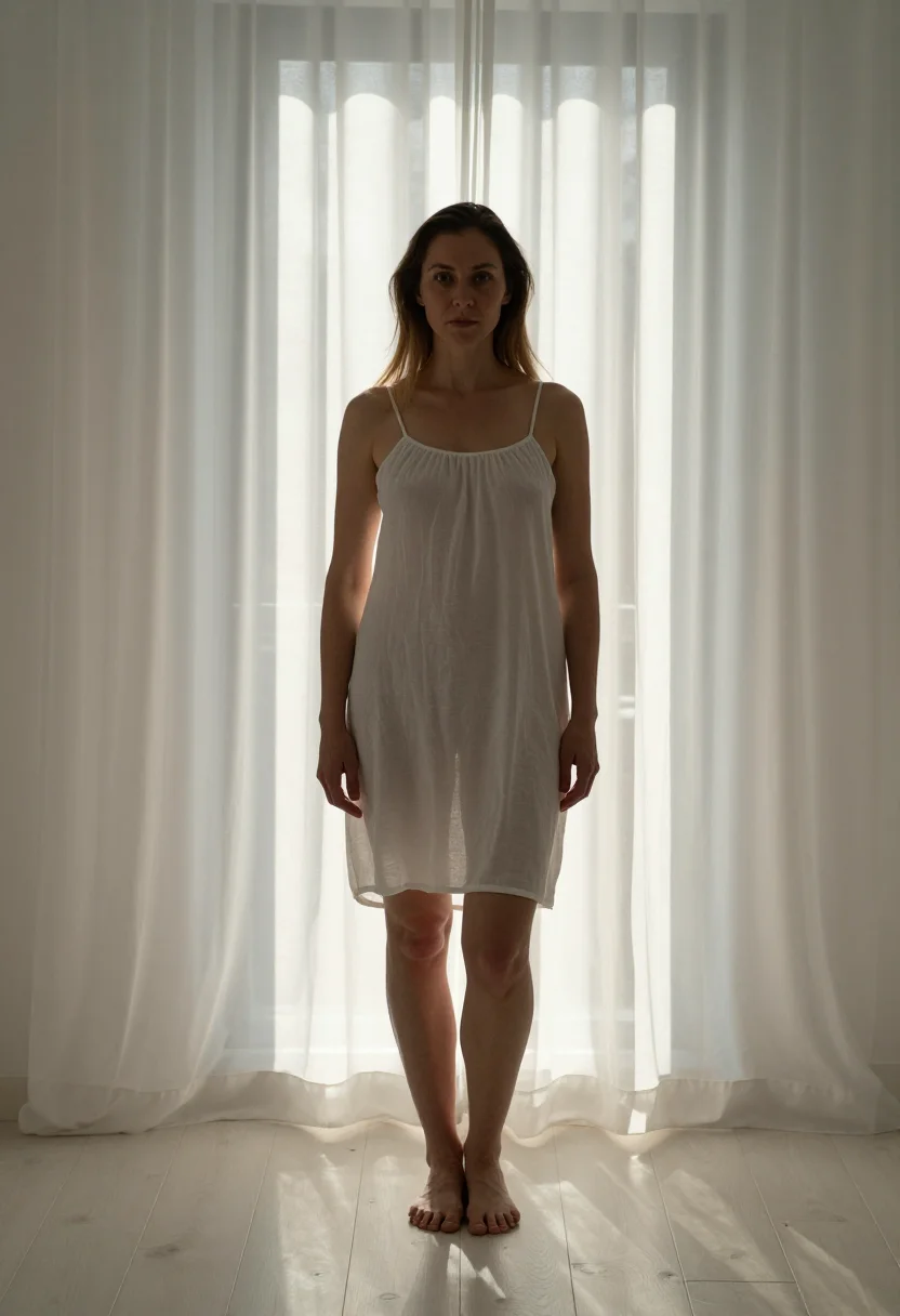 AI backlit silhouette sample — portrait of a woman, near-frontal standing portrait of an ad