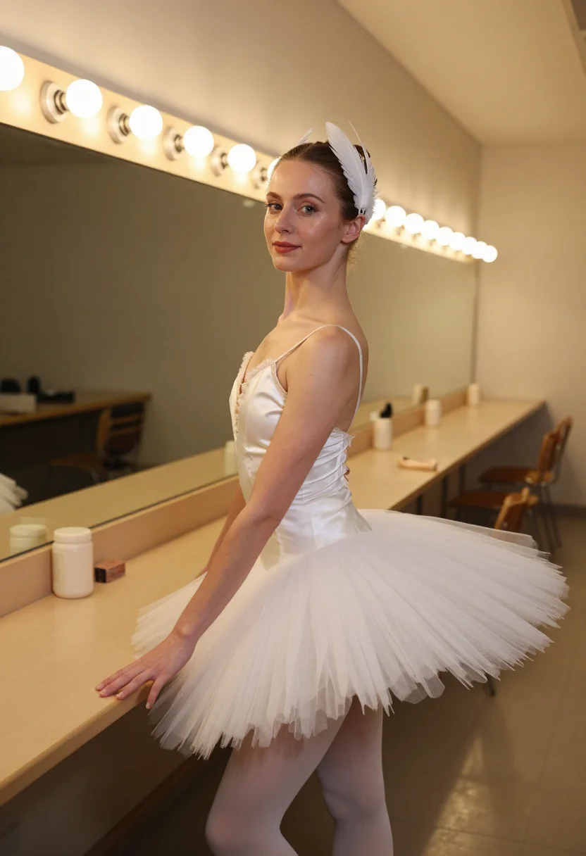AI ballet loge sample — portrait of a woman, an adult woman of Western-European ancestry seated at the station under the bulbs