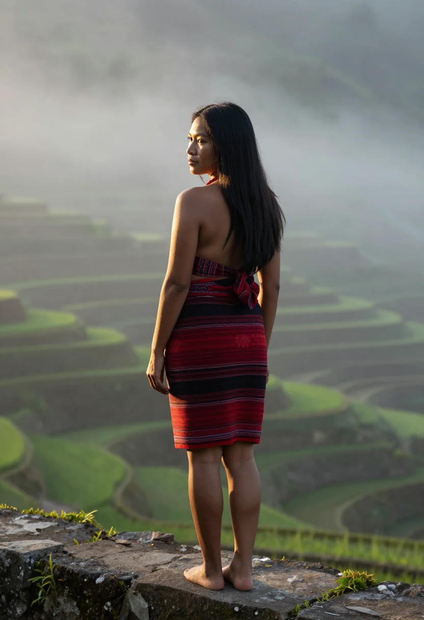 AI banaue terraces wrap sample — portrait of a woman, an adult Ifugao Filipina woman, the wrap draped over one shoulder