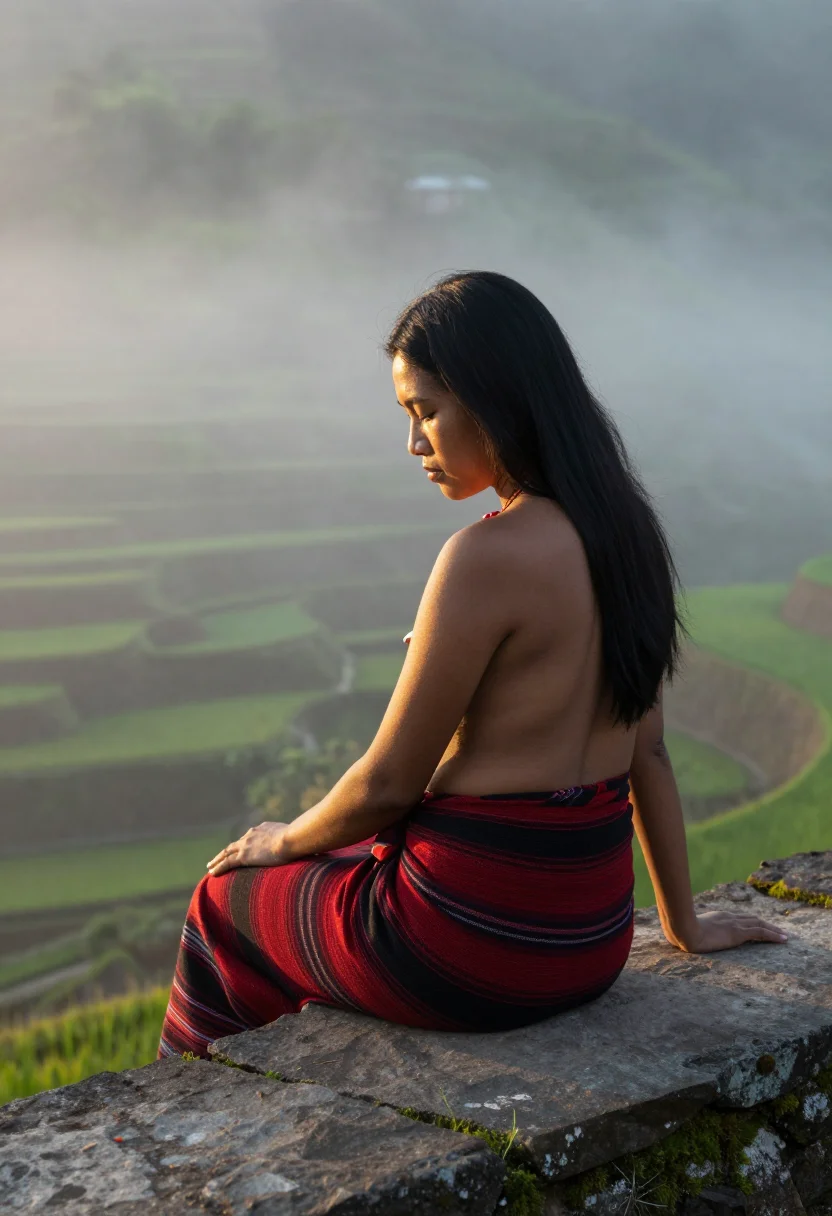 AI banaue terraces wrap sample — portrait of a woman, an adult Ifugao Filipina woman, rear portrait among the green steps