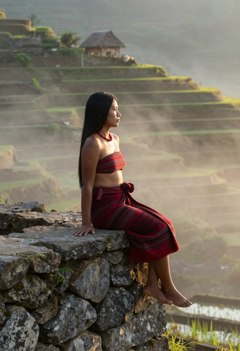 AI banaue terraces wrap sample — portrait of a woman, an adult Ifugao Filipina woman, side portrait on the terrace wall