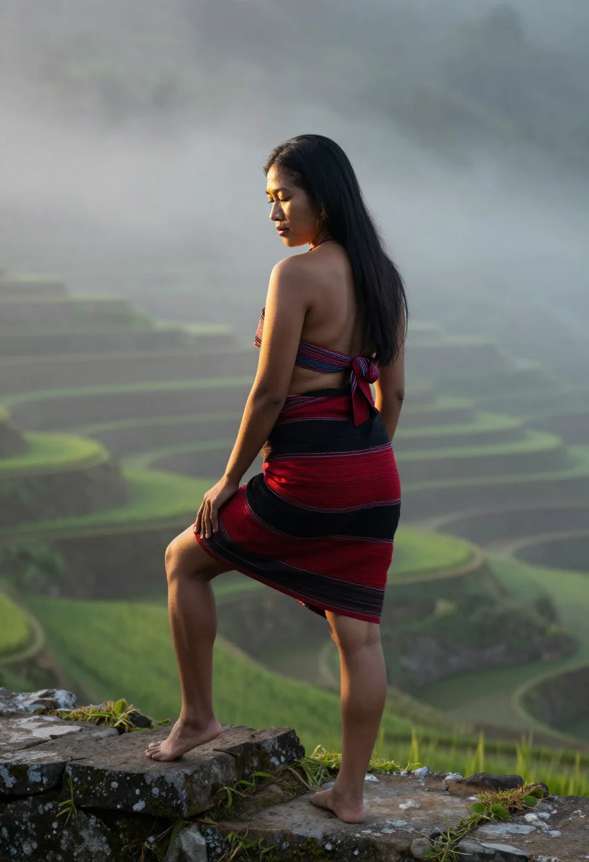 AI banaue terraces wrap sample — portrait of a woman, an adult Ifugao Filipina woman, standing by the stilt hut on the ridge