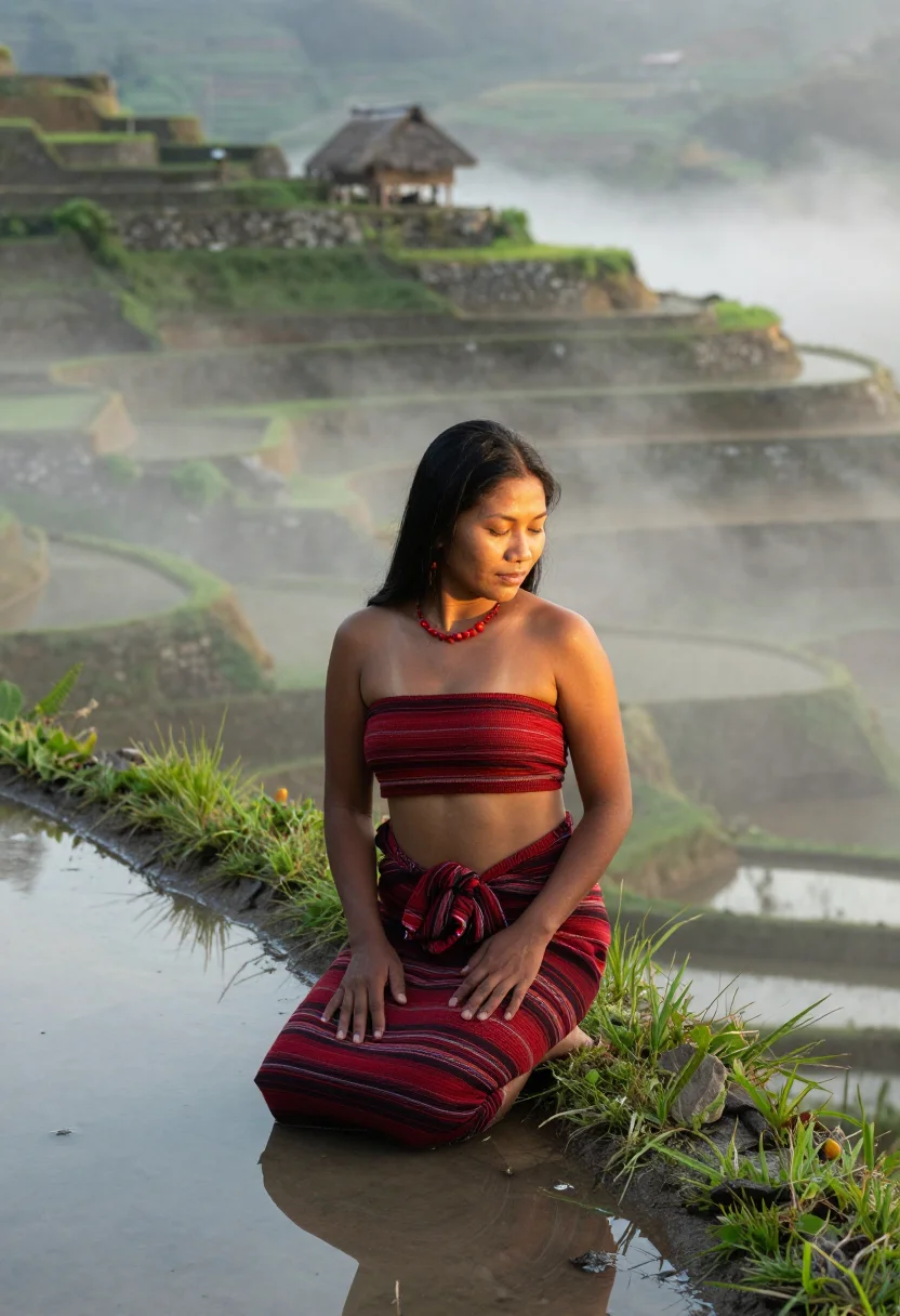 AI banaue terraces wrap sample — portrait of a woman, an adult Ifugao Filipina woman, rear portrait above the mist