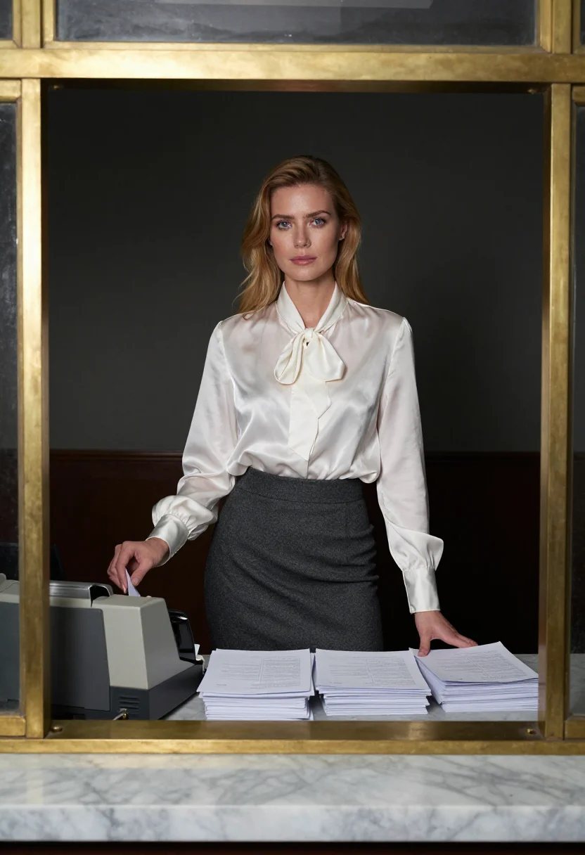 AI bank teller sample — portrait of an adult woman, three-quarter-length portrait of