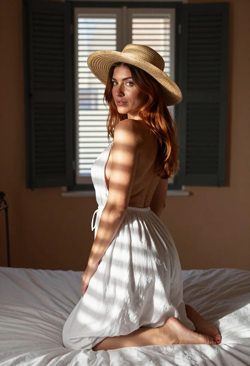 AI bardot neckline sample — portrait of an adult woman, a Southern-French woman, full-length portrait