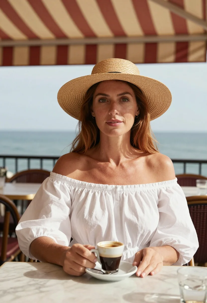 AI bardot neckline sample — portrait of an adult woman, a Southern-French woman, three-quarter-length portrait