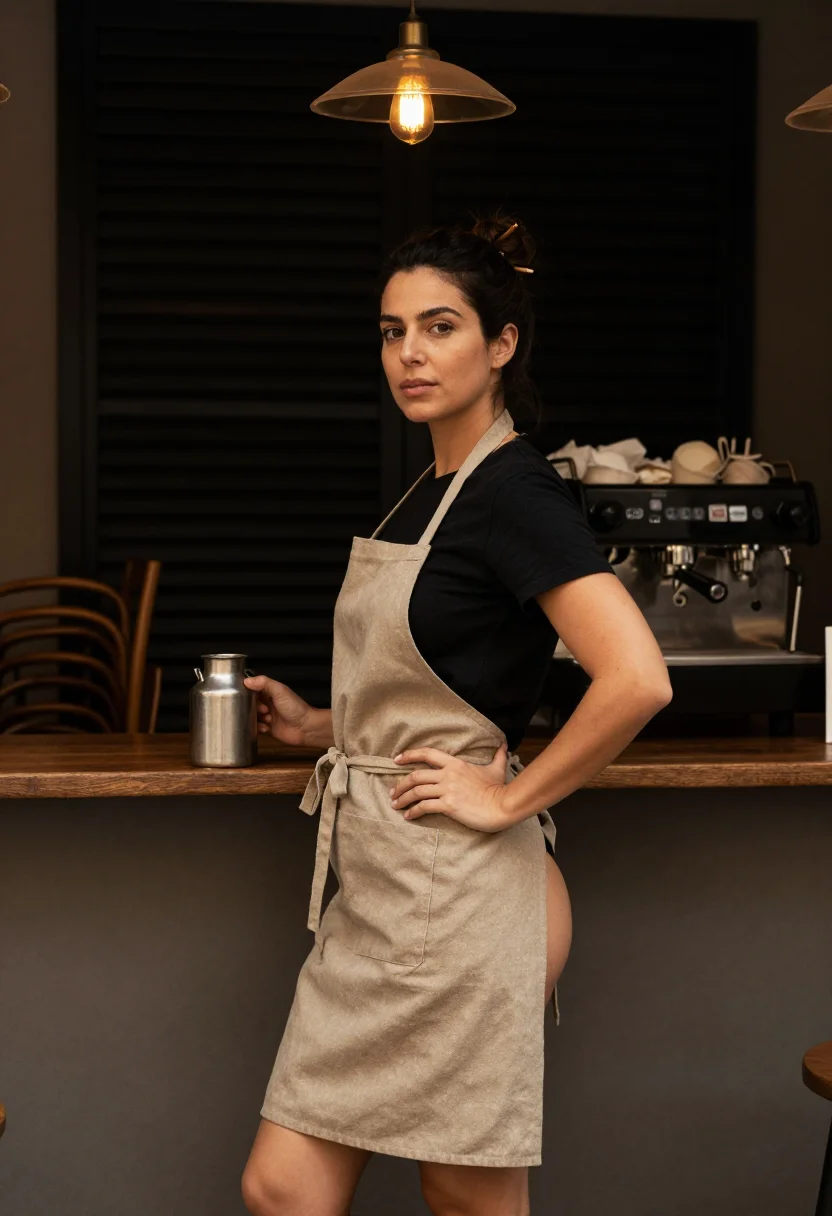 AI barista after close sample — portrait of a woman, an adult woman with warm golden skin, b