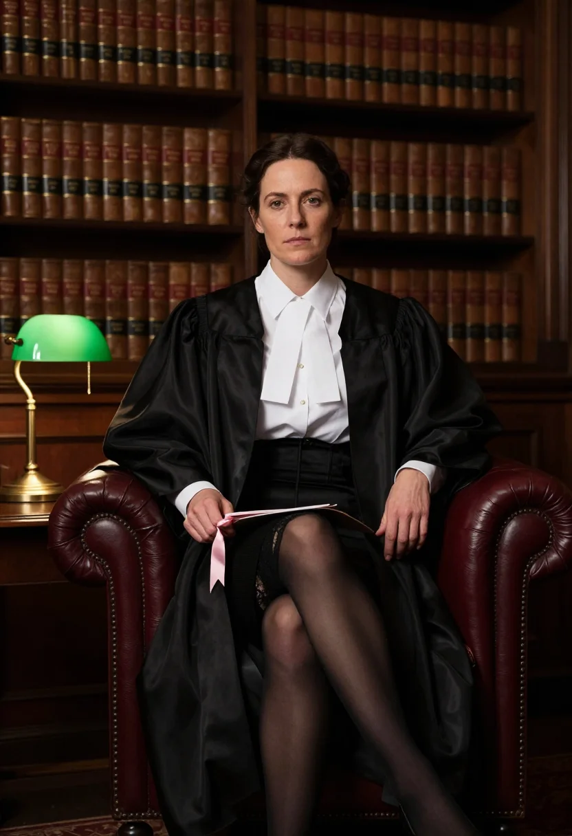 AI barrister chambers sample — portrait of a woman, three-quarter-length three-quarter view with the white bands