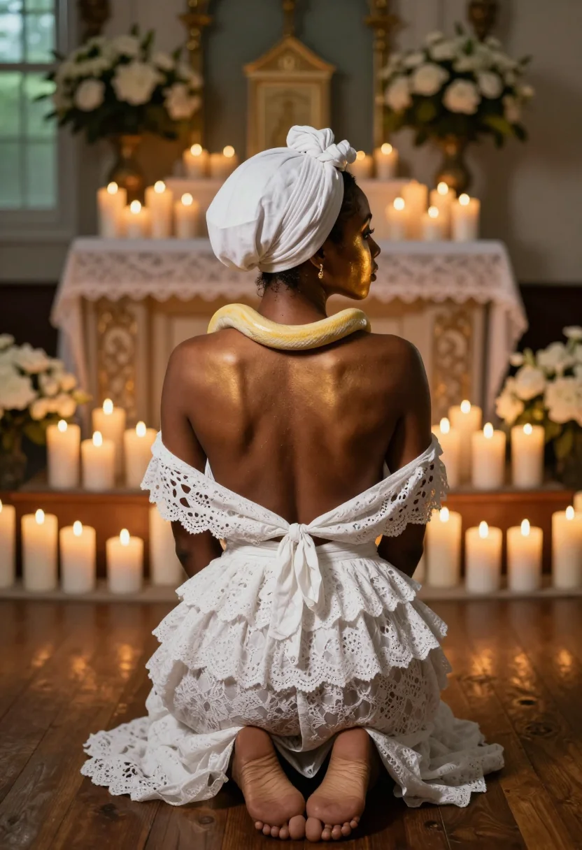 AI bayou priestess sample — photograph of a woman, full-length rear view at the altar