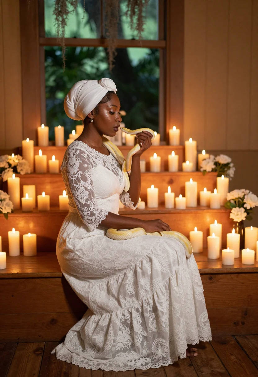 AI bayou priestess sample — photograph of a woman, full-length side profile before the altar