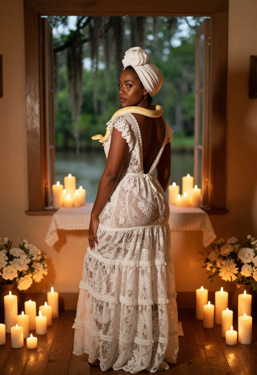 AI bayou priestess sample — photograph of a woman, full-length rear three-quarter view among the candles