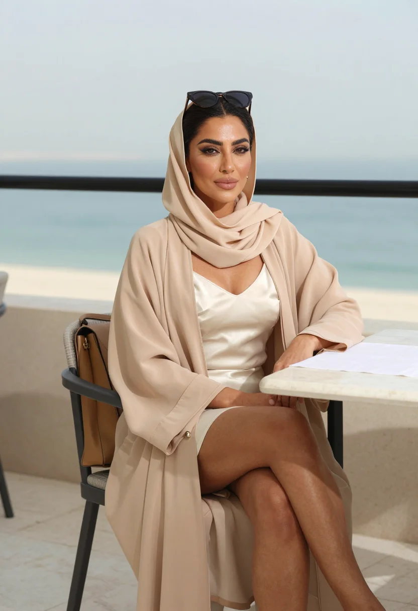 AI beige abaya brunch sample — portrait of a woman, an adult Gulf-Arab woman with honey-gold skin, three-quarter view on the hotel terrace