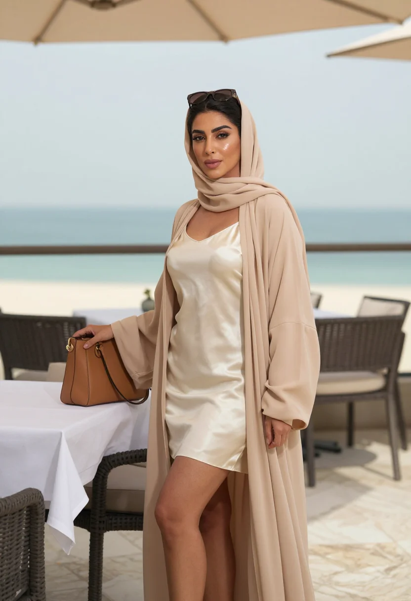 AI beige abaya brunch sample — portrait of a woman, an adult Gulf-Arab woman with honey-gold skin, rear view at the terrace railing
