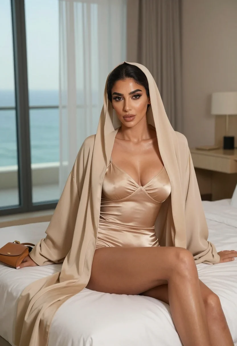 AI beige abaya brunch sample — portrait of a woman, an adult Gulf-Arab woman with honey-gold skin, side view by the window