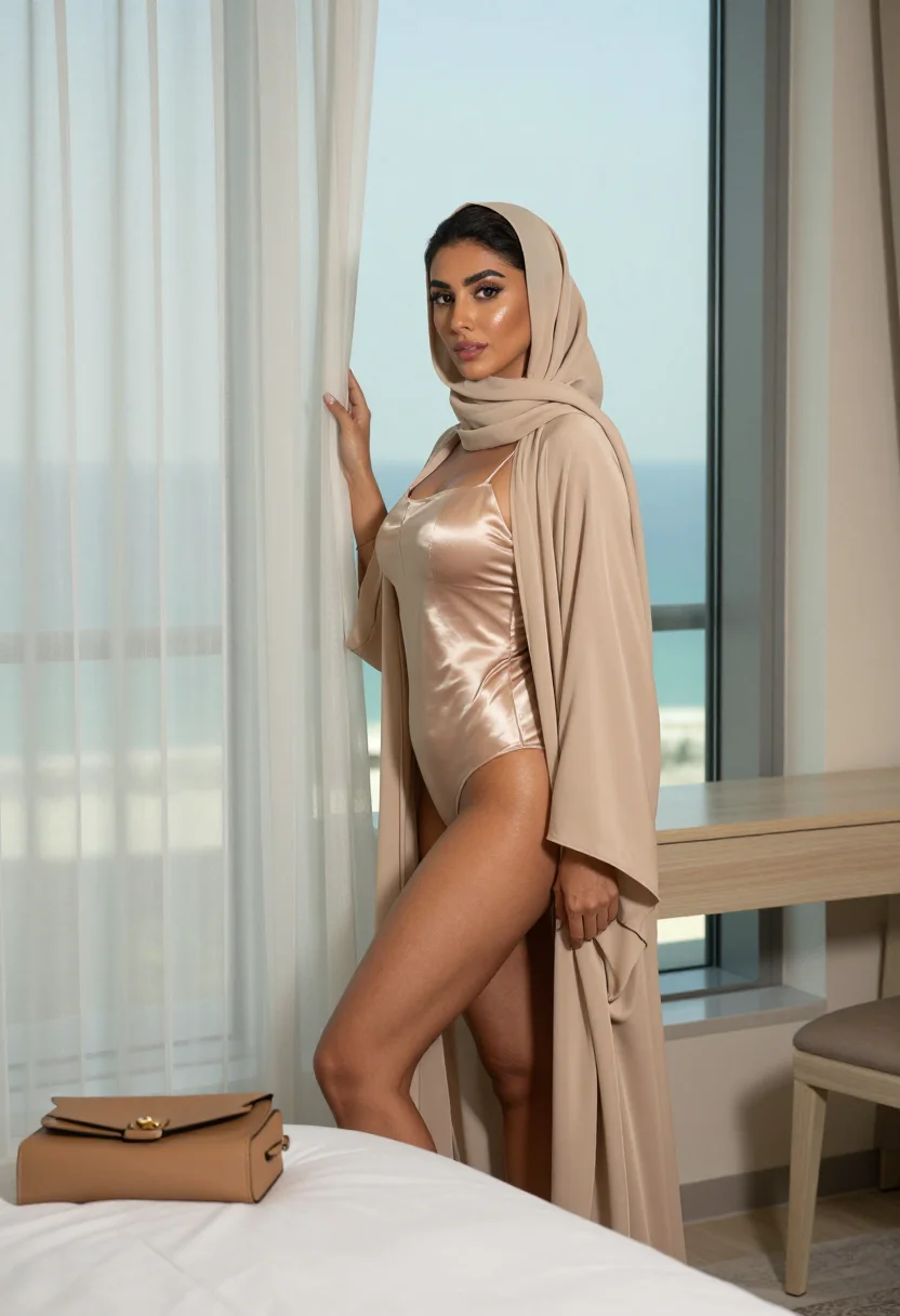 AI beige abaya brunch sample — portrait of a woman, an adult Gulf-Arab woman with honey-gold skin, full-length in the suite's daylight