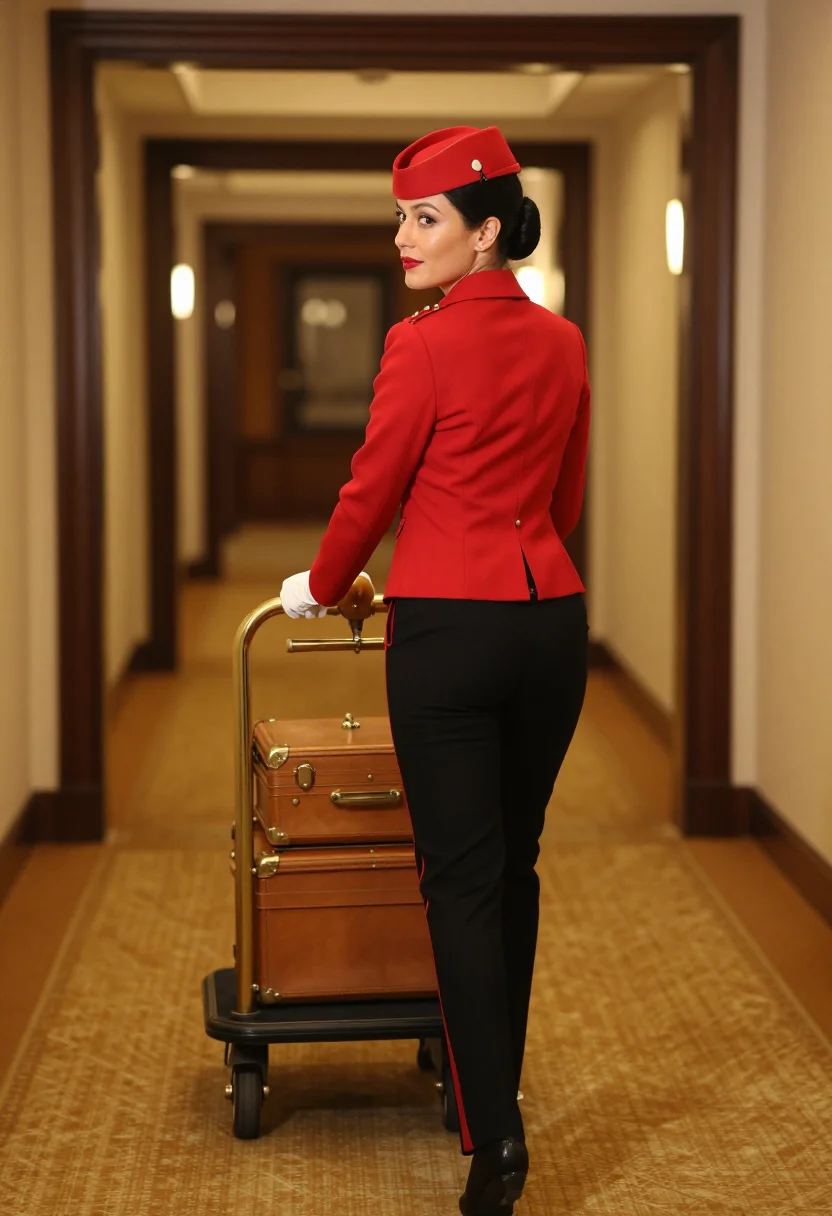 AI bellhop sample — portrait of an adult Western-European woman, the brass buttons and white gloves in the grand hotel corridor