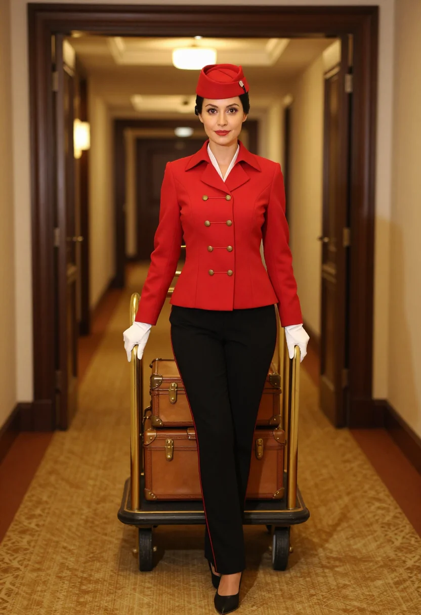 AI bellhop sample — portrait of an adult Western-European woman, in the red bellhop jacket and pillbox hat