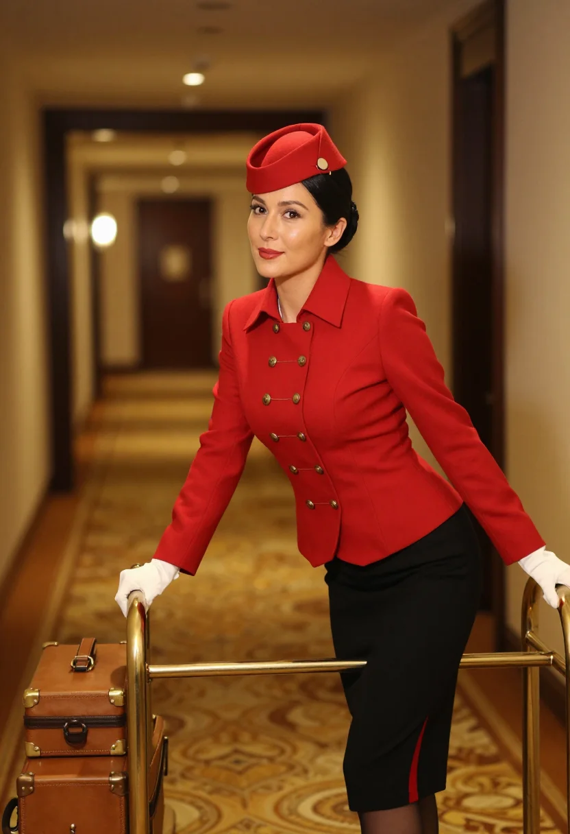 AI bellhop sample — portrait of an adult Western-European woman, the monogrammed cases stacked beside her on the trolley