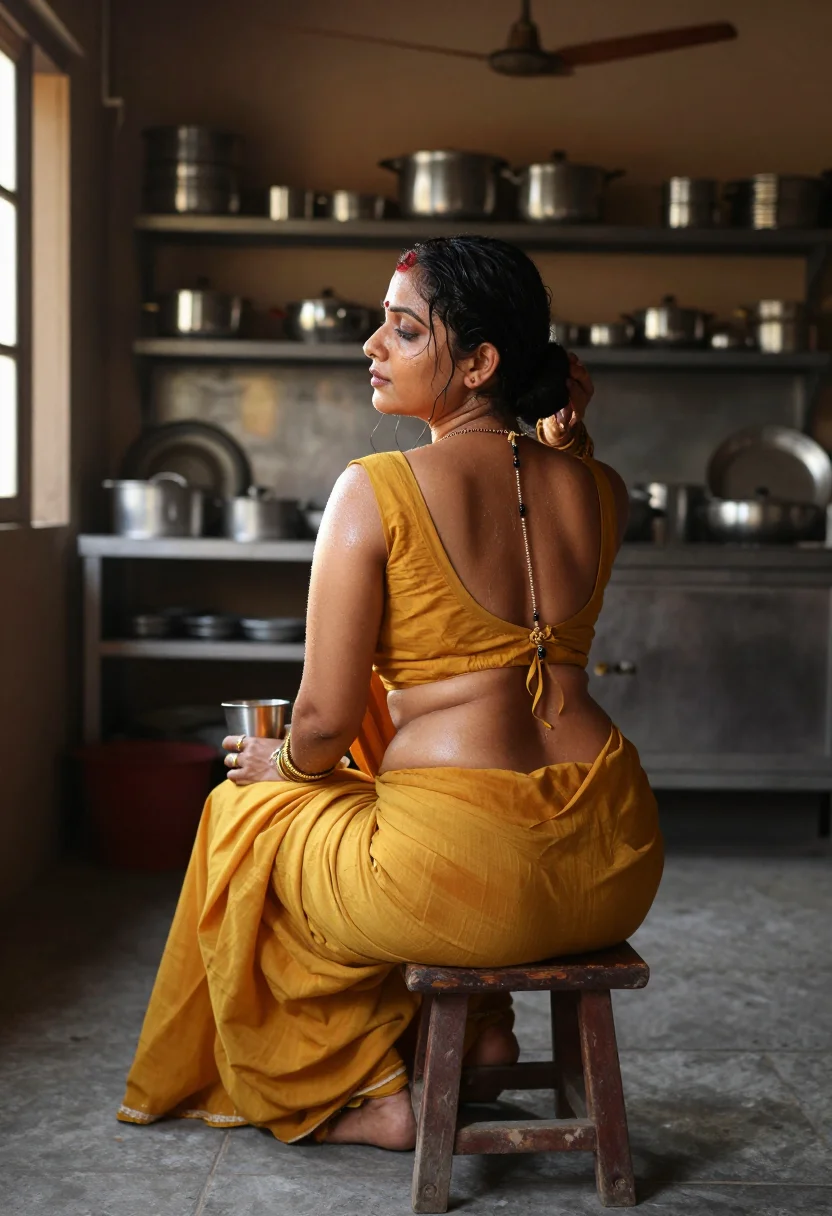 AI bhabhi afternoon kitchen sample — photograph of a woman, full-length rear three-quarter photograph in the kitchen