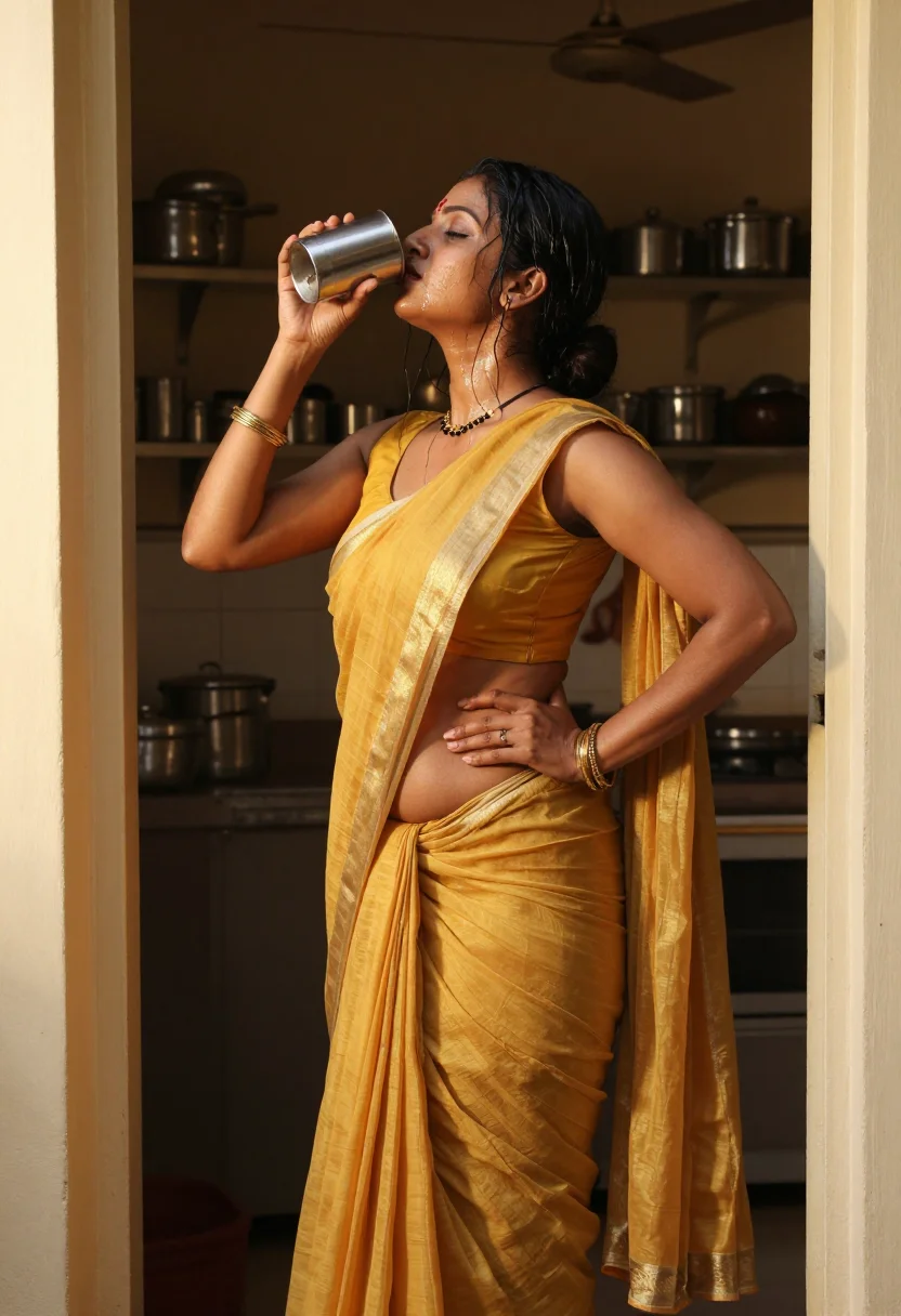 AI bhabhi afternoon kitchen sample — photograph of a woman, full-length side-profile photograph by the shelves
