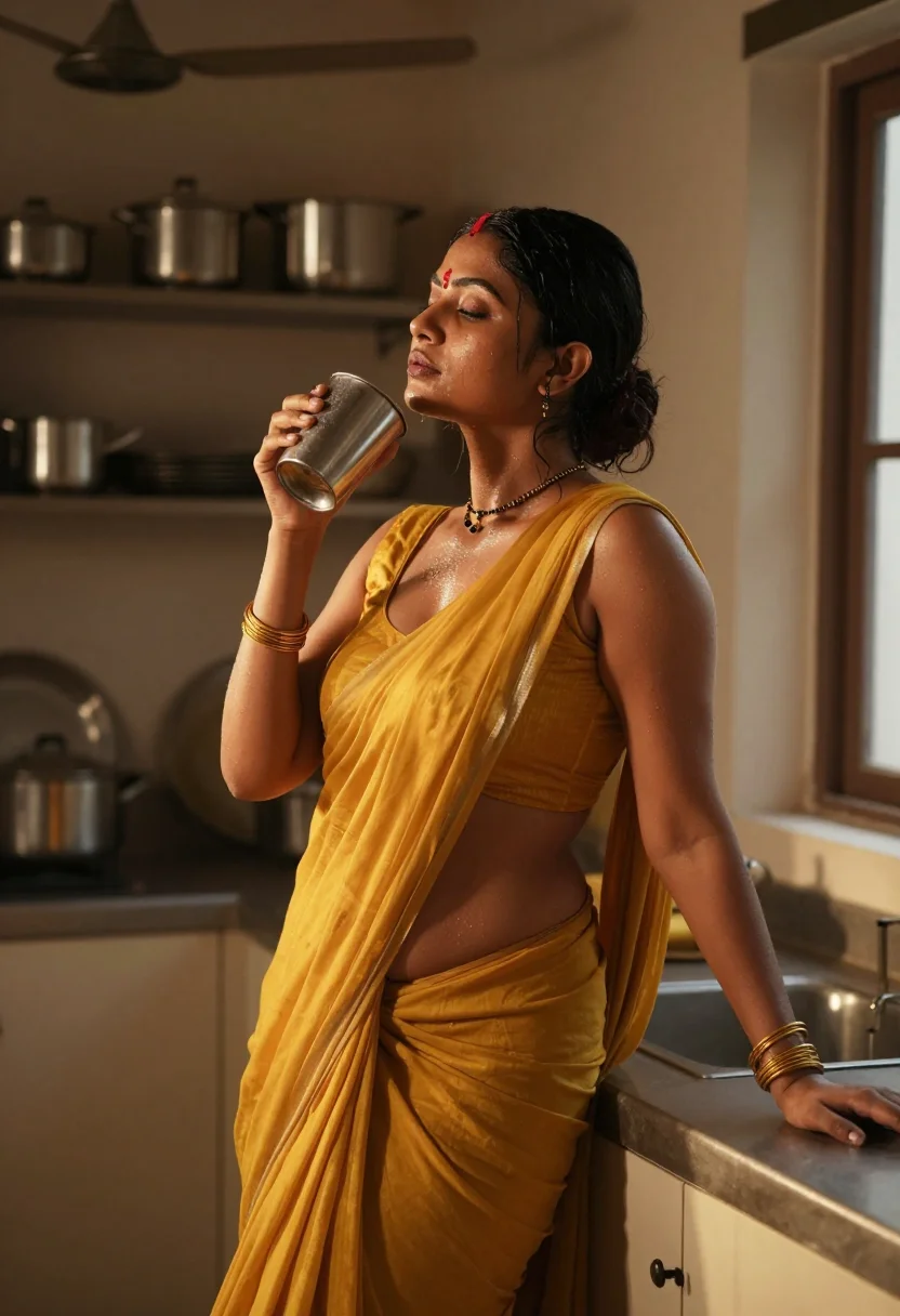 AI bhabhi afternoon kitchen sample — photograph of a woman, three-quarter-length side-profile photograph with the tumbler