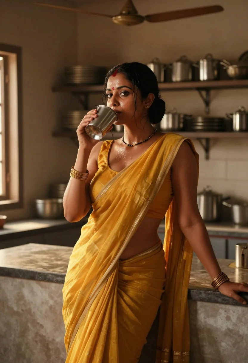 AI bhabhi afternoon kitchen sample — photograph of a woman, three-quarter-length three-quarter photograph at the counter
