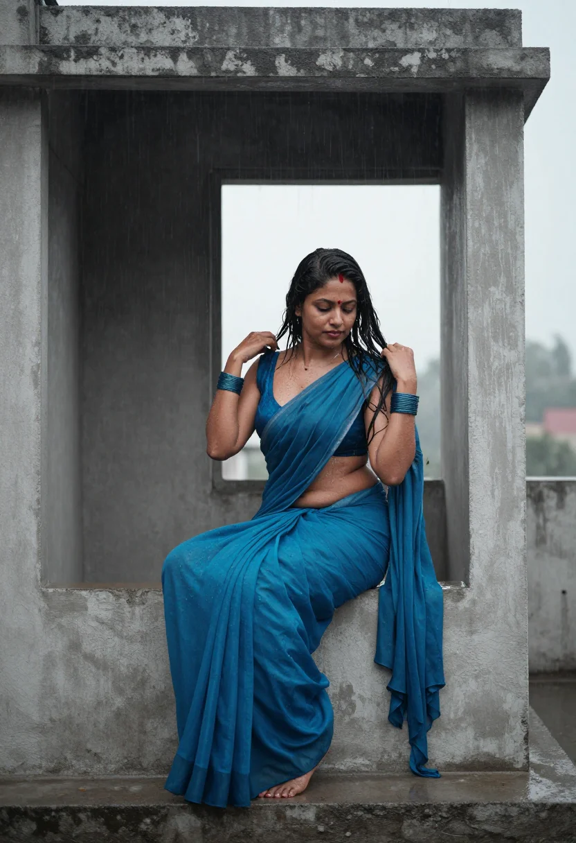 AI bhabhi monsoon terrace sample — portrait of an adult woman, three-quarter view with her face turned up to the rain