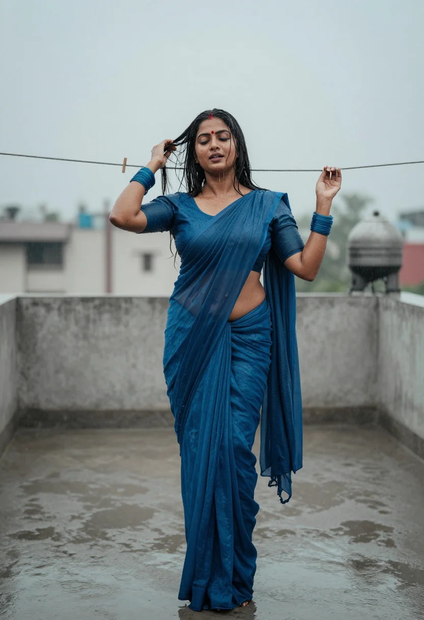 AI bhabhi monsoon terrace sample — portrait of an adult woman, in a soaked peacock-blue saree among the clotheslines