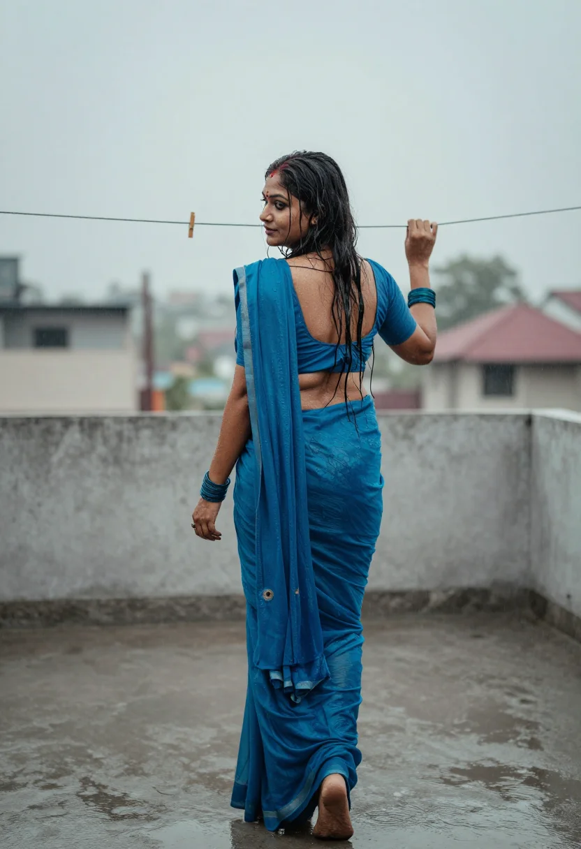 AI bhabhi monsoon terrace sample — portrait of an adult woman, side view under the stairhead shelter