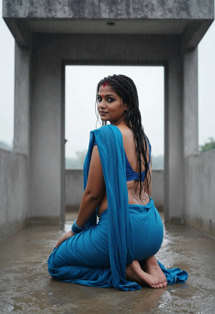 AI bhabhi monsoon terrace sample — portrait of an adult woman, high three-quarter view over the wet terrace