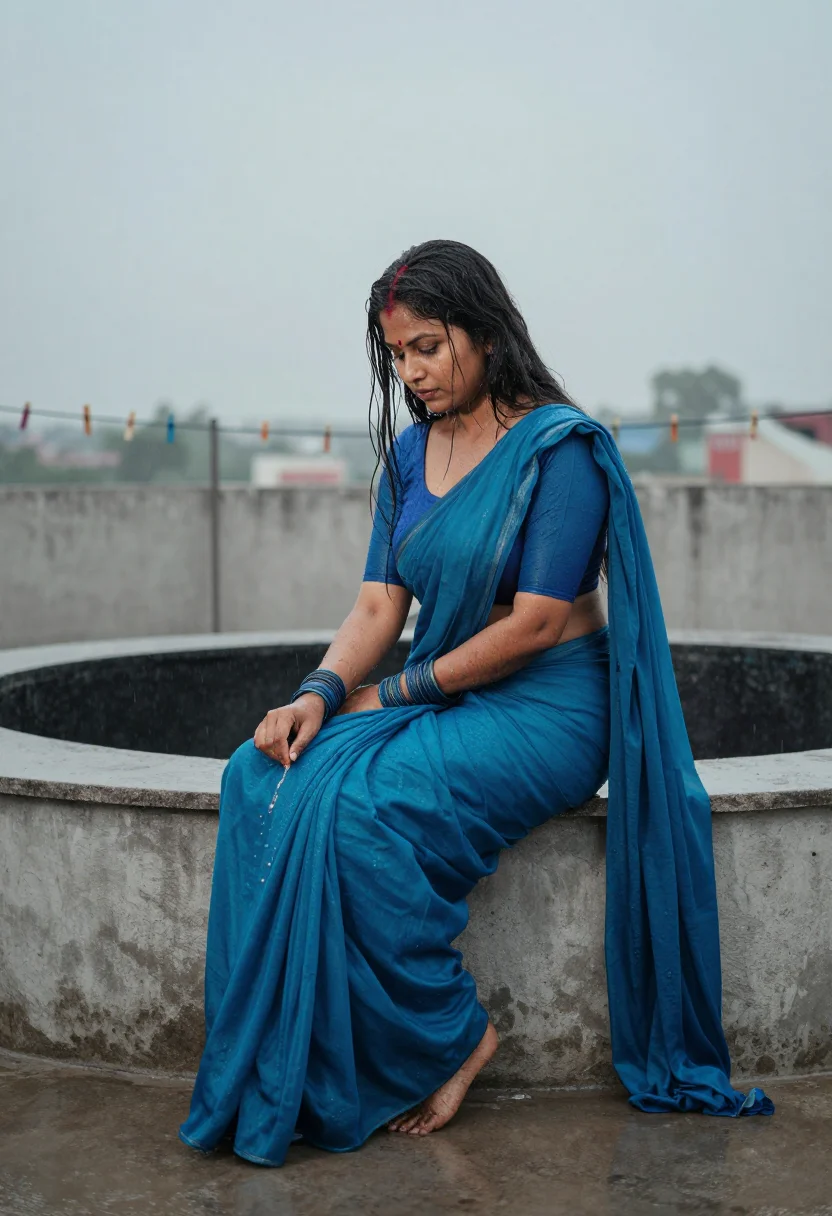 AI bhabhi monsoon terrace sample — portrait of an adult woman, three-quarter view with glass bangles and rain