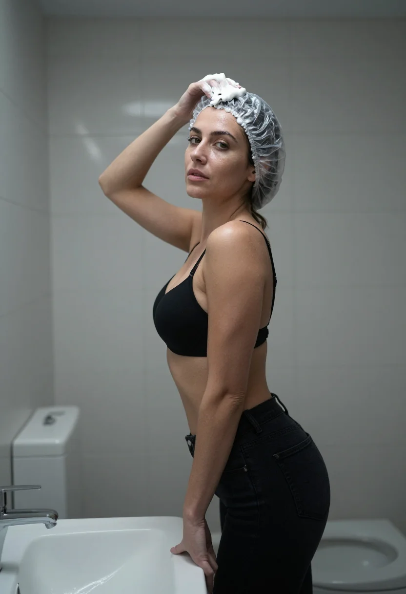 AI bleach night sample — three-quarter-length side-profile portrait of a grown adult woman at the mirror