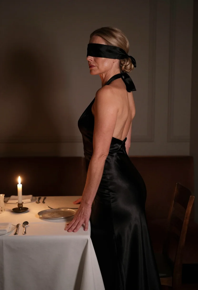 AI blindfold dinner sample — a candlelit dining-room boudoir photograph, full side-profil